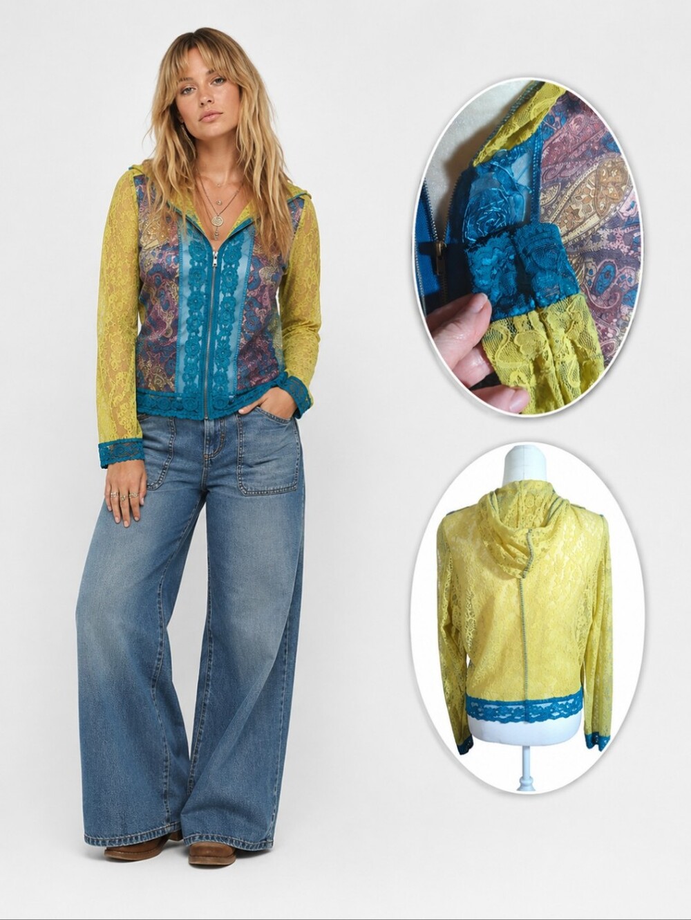 Boho Paisley Patchwork Lace Hooded Zip Jacket Blue Citrus Artsy Festival Sz L